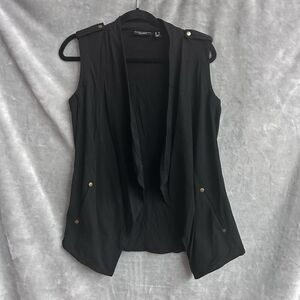 Susan Graver Weekend Women Black Open Vest Front Pockets Size XS moto fall cardi